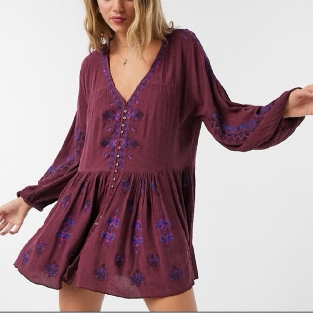 Free People Women's XS Plum Long Sleeve Dress with Blue Embroidery NEW